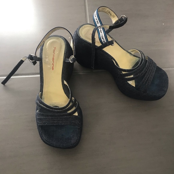 Vintage 90s Fornarina Denim Platform Wedge Sandals - Picture 6 of 9